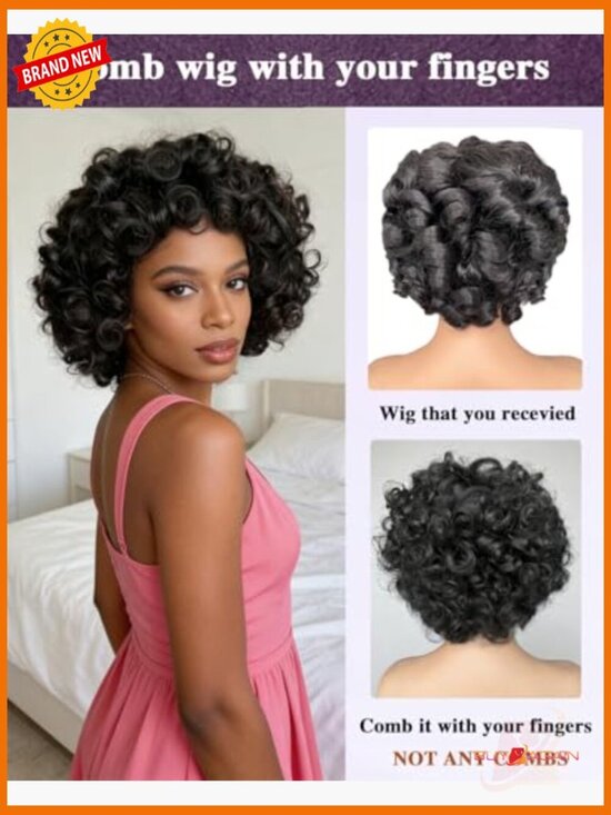 Short Curly Human Hair Wig With Bangs 180% Density Glueless Beginner Friendly main image 4